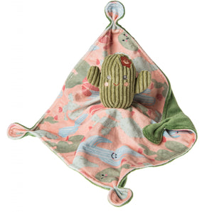 The Mary Meyer Sweet Soothie Blanket boasts a plush cactus on a pink and green blanket with cartoon cacti and knotted corners.