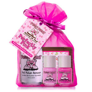 Piggy Paint Gift Set includes cruelty-free polish, remover, and file in a pink organza bag. Eco-friendly, low odor. Perfectly Pink tag.