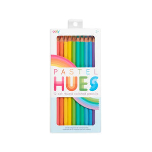 A box of 12 vertical OOLY Colored Pencils, Pastel Hues, featuring smooth pastel-hued pencils.