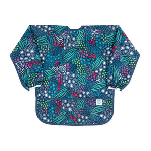 Bumkins Long-Sleeved Art Smock: Animal Prints features colorful blues, greens, and reds with leaves and berries. Comes with front pocket.