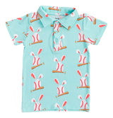 The Baseball Bunnies Polo Shirt by Birdie Bean is a light blue childrens shirt with a baseball with bunny ears pattern. Crafted from breathable fabric, it boasts vibrant colors and playful sports with a classic collar and three-button design.