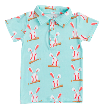 The Baseball Bunnies Polo Shirt by Birdie Bean is a light blue childrens shirt with a baseball with bunny ears pattern. Crafted from breathable fabric, it boasts vibrant colors and playful sports with a classic collar and three-button design.