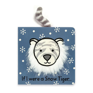 The Jellycat If I Were a Snow Tiger Book features a snow tigers face with a fluffy white mane against a snowflake-adorned blue background, and includes a touch-and-feel striped tail extending from the edge for little hands to explore.