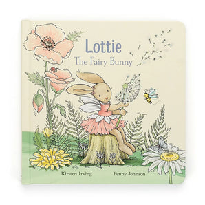 Childrens book cover: Jellycat, Lottie Fairy Bunny Book with a bunny in pink dress and wings holding a dandelion.