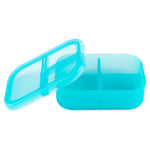 A Blue Jelly Silicone Bento Box by Bumkins with a transparent lid slightly open, showing its 3 divided compartments.