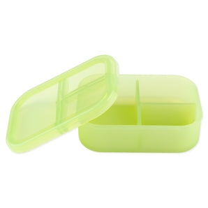 Bumkins Silicone Bento Box in Green Jelly: A green lunchbox with three compartments and a transparent lid.