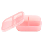 The Bumkins Silicone Bento Box 3 Section: Pink Jelly is a pink lunchbox with a clear lid and three compartments for meal prep.