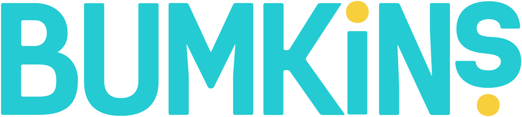 The image features the word BUMKINS in bold, teal letters with yellow dots above the I and at the end near the S. The background is transparent.