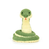 Introducing the Jellycat Cizi Snake, a delightful plush toy ideal for festive times. It boasts a green body with a cream underside, embroidered scutes, small black eyes, and an orange tongue that adds to its friendly charm.