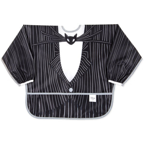 Bumkins Sleeved Bib, Jack Skellington, is styled like a suit with a bowtie and buttons, plus an easy-clean design.