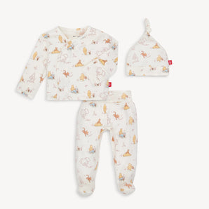 The Magnetic Me Kimono Moments with Friends outfit includes a white top, pants, and hat with playful prints and easy magnetic closures.