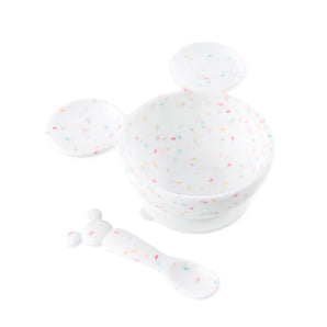 Bumkins Silicone First Feeding Set: Mickey Mouse Vanilla Sprinkle. Includes a suction bowl with mouse ears, speckles, and a matching spoon.