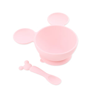 Bumkins Silicone First Feeding Set: Minnie Mouse Light Pink includes a light pink Minnie Mouse-shaped silicone bowl and matching spoon.