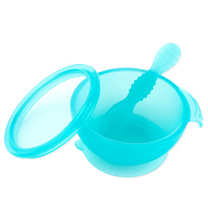 Bumkins Silicone First Feeding Set in Blue Jelly has a bowl, lid, spoon, and spill-proof LFGB suction base.