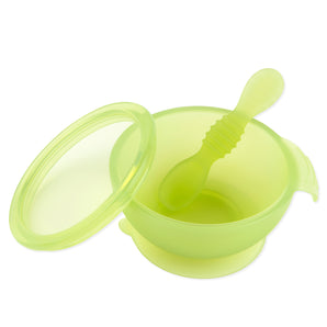 Bumkins Silicone First Feeding Set in Green Jelly includes a lid and matching spoon. Ideal for self-feeding babies, made from LFGB-grade silicone.