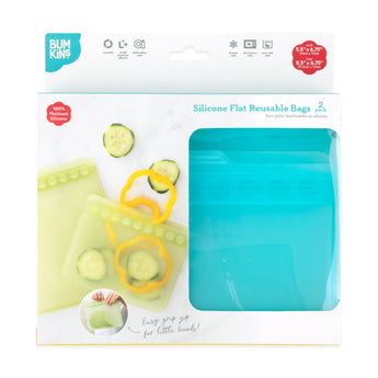 The packaging of Bumkins Silicone Flat Reusable Bag 2 Pack, Blue features two bags, food slices, and a child-friendly zip seal label.