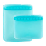 Bumkins Silicone Flat Reusable Bag 2 Pack in blue, featuring child-friendly zip seals, displayed on a white background.