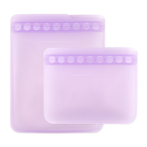 The Bumkins Silicone Lavender Bag 2-Pack, with varied sizes, child-friendly zip seals, and upright design.