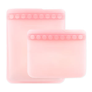 Bumkins Silicone Flat Reusable Bag 2 Pack, Pink: Translucent bags with rounded child-safe zip seals, made from food-safe platinum silicone.