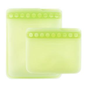 Bumkins Silicone Flat Reusable Bag 2 Pack in Sage features child-friendly zips with one large and one small bag in translucent green.