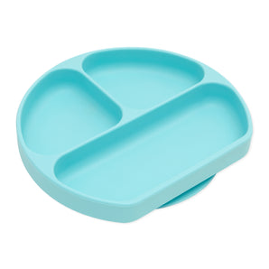 The Bumkins Silicone Grip Dish in Blue features three compartments, a suction base, and is crafted from food-safe silicone.