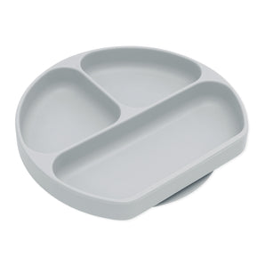 Bumkins Silicone Grip Dish: Gray features 3 sections, perfect for toddlers with a large rectangle and two small semicircles.