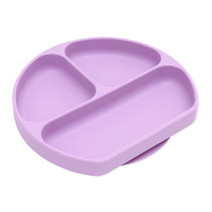 The Bumkins Silicone Grip Dish in Lavender has 3 sections: two semi-circular and one rectangular, all made from food-safe silicone.