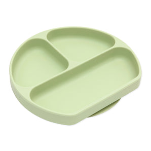 The Bumkins Silicone Grip Dish in Sage is round with three compartments: a rectangular section covering half the plate and two semi-circular ones above. Made from food-safe silicone, it has a smooth finish and strong suction base for stability during meals.