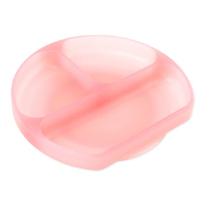 The Bumkins Silicone Grip Dish in Pink Jelly is round with three sections, made of LFGB silicone for secure mealtime.