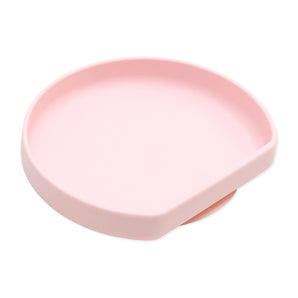 The Bumkins Silicone Grip Plate: Pink is round, light pink with a high edge & cutout, made of food-safe silicone on a white background.