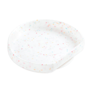 The Bumkins Silicone Grip Plate: Vanilla Sprinkle, a white terrazzo tray with colorful specks, elevates any plain background.