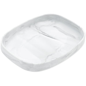 Bumkins Silicone Grip Tray: Marble is a white, rectangular dish with a marbled texture and strong suction base for stability.