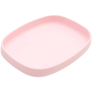 Bumkins Silicone Grip Tray: Pink, food-safe with rounded edges, shallow depth, and secure suction base.