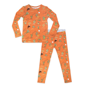 Bellabu Bears Bamboo Pajamas, Desert theme: hypoallergenic, orange with cacti, birds & plants. Long-sleeve top & pants.