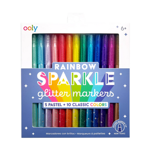 OOLY Rainbow Sparkle Glitter Markers: 5 pastel and 10 classic colors in a starry blue box.