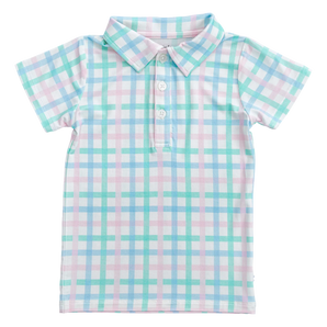 The Birdie Bean Pastel Gingham Polo Shirt features a pastel plaid pattern in blue, pink, and green. Made from lightweight bamboo cotton, this collared design includes a three-button front closure and short sleeves.