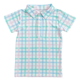 The Birdie Bean Pastel Gingham Polo Shirt features a pastel plaid pattern in blue, pink, and green. Made from lightweight bamboo cotton, this collared design includes a three-button front closure and short sleeves.