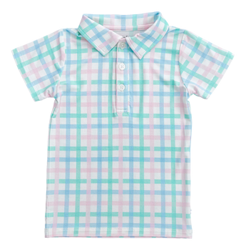 The Birdie Bean Pastel Gingham Polo Shirt features a pastel plaid pattern in blue, pink, and green. Made from lightweight bamboo cotton, this collared design includes a three-button front closure and short sleeves.