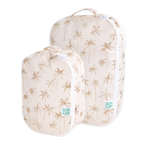 Bumkins Packing Cube 2 Pack: Palm Daze: beige with palm tree patterns, zippers, and handles for efficient packing.