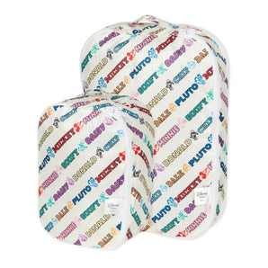 Bumkins Packing Cube 2 Pack: Mickey & Friends Varsity features colorful names of Disney characters in various fonts.