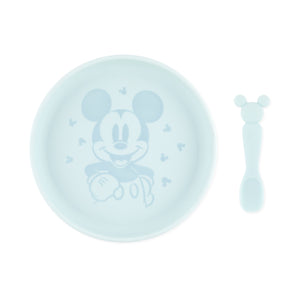 Light blue silicone Mickey Mouse plate & spoon set for kids by Bumkins, part of a Disney self-feeding training collection.