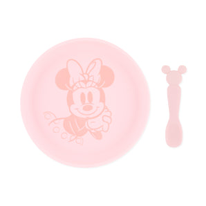 Bumkins Silicone Plate + Spoon Set featuring Disney’s Minnie Mouse design with a pink dish and mouse-shaped handle.