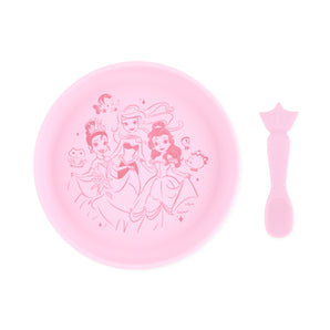 Bumkins Disney Princess set: Pink silicone plate with princesses and animals and a crown-handled spoon for charming self-feeding.