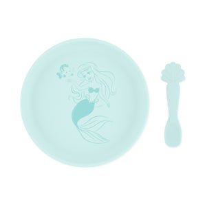 The Bumkins Silicone Plate + Spoon Set: Disney Princess Ariel features a teal plate and seashell-handled spoon for fun baby mealtimes.