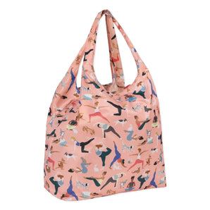 Bumkins Packable Tote Bag: Yoga Pals is a reusable, waterproof pink bag featuring people and animals in playful yoga poses.