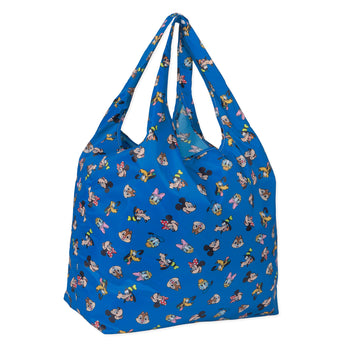 The Bumkins Packable Tote Bag: Mickey & Friends Forever is a blue bag with animated characters and an all-over print. It features two handles for easy carrying and is made from waterproof fabric.