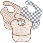 Bumkins SuperBib® 3 Pack: Palms + Check includes one tan and one gray check bib, plus one palm tree design; all with brown trim and washable.