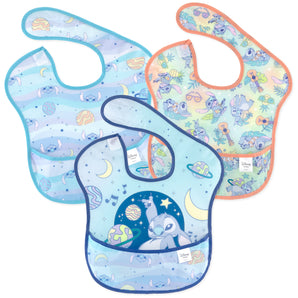 Bumkins SuperBib® 3 Pack: Stitch Star-ring Up Trouble features space and cartoon alien designs on waterproof fabric.