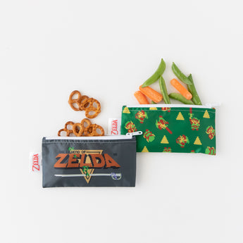 Get a 3-pack of reusable Zelda snack bags by Bumkins; machine washable, waterproof, ideal for pretzels and veggies.