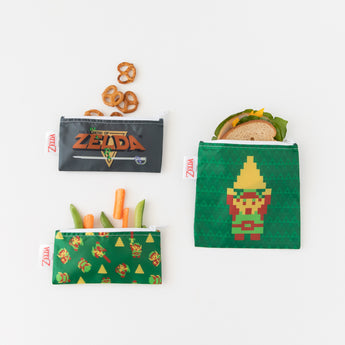 Bumkins 3-pack reusable snack bags feature The Legend of Zelda™ designs, washable fabric, and hold snacks like pretzels and sandwiches.